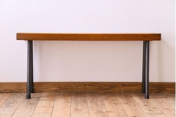 アンティーク家具　天板一枚板　和製アンティークのシンプルな鉄脚ベンチ