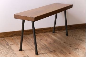 アンティーク家具　天板一枚板　和製アンティークのシンプルな鉄脚ベンチ
