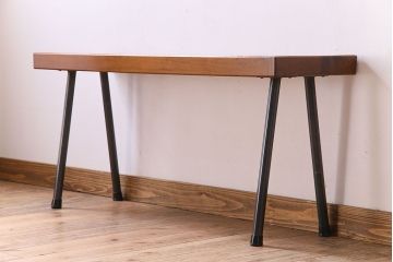 アンティーク家具　天板一枚板　和製アンティークのシンプルな鉄脚ベンチ