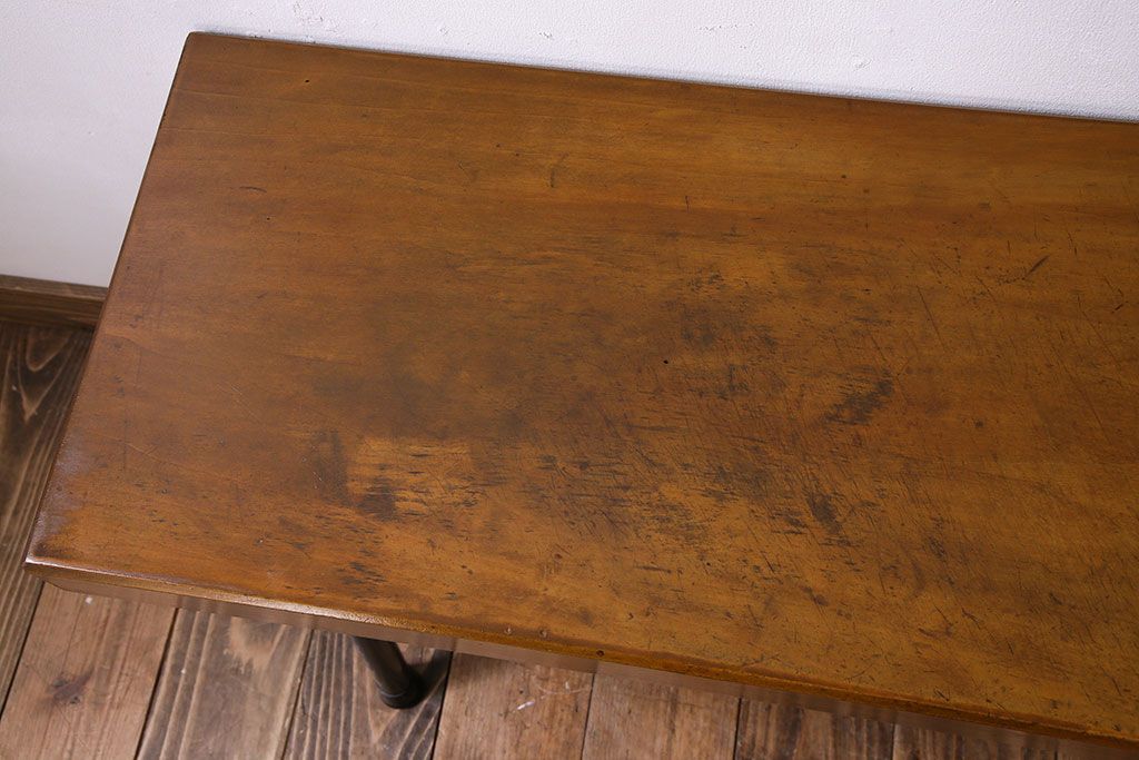 アンティーク家具　天板一枚板　和製アンティークのシンプルな鉄脚ベンチ