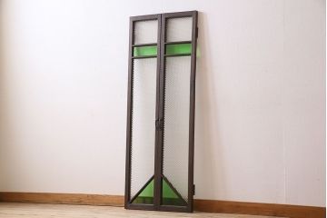 和製アンティーク　大正ロマン　プレスガラスの味わいと色ガラスが美しいガラスドア2枚セット(窓)(3)