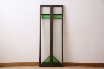 和製アンティーク　大正ロマン　プレスガラスの味わいと色ガラスが美しいガラスドア2枚セット(窓)(3)
