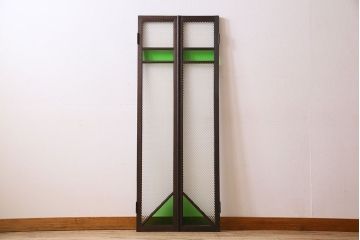 和製アンティーク　大正ロマン　プレスガラスと色ガラスを使用したノスタルジックなガラスドア2枚セット(窓)
