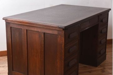 アンティーク家具　イギリスアンティーク　作業台付き!オーク材製のぬくもりあふれる両袖机(2)