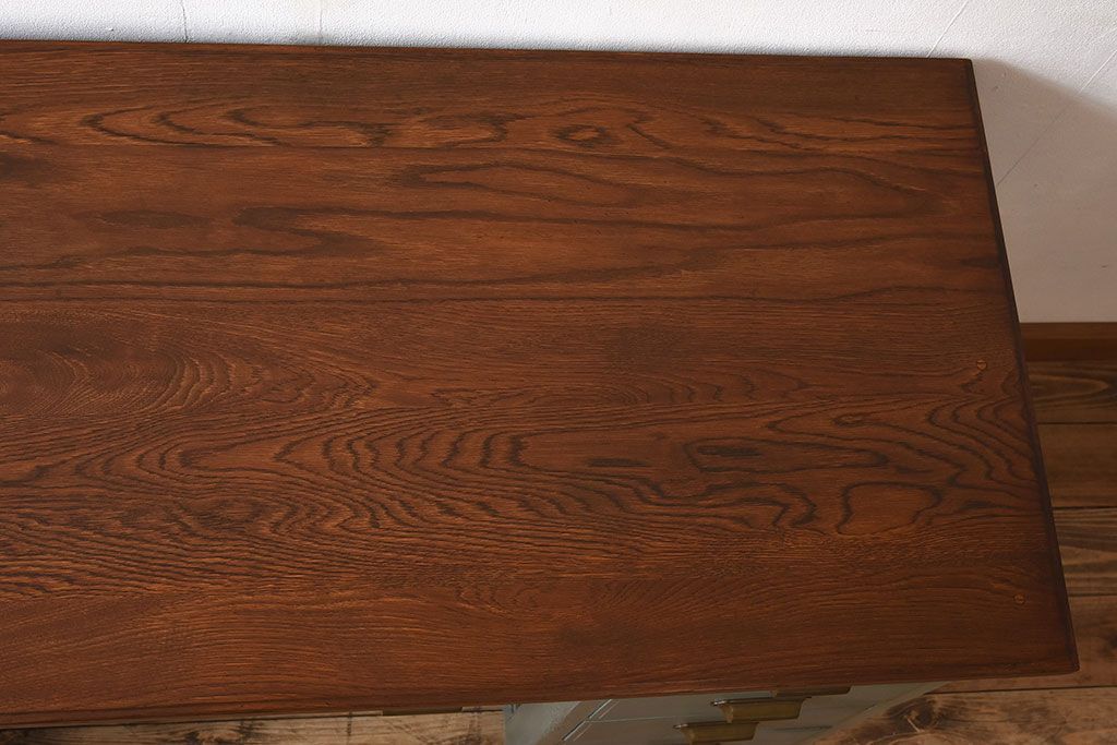 アンティーク家具　アンティークペイント　薄型　ナラ材製のかわいい両袖机