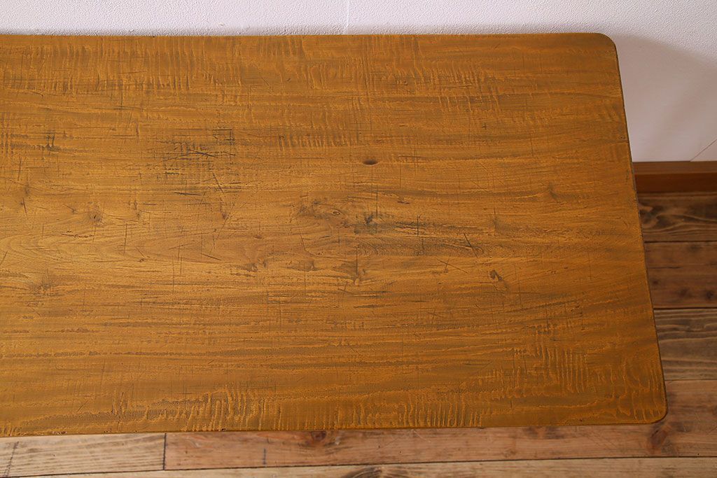 アンティーク家具　天板一枚板　朴の木　和製アンティークのシンプルな鉄脚ベンチ