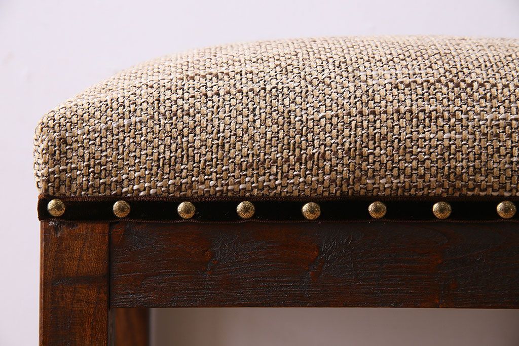 アンティーク家具　欅材　古い木製のクッション座面角スツール