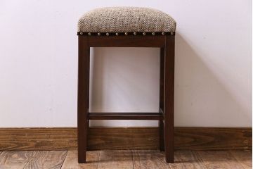 アンティーク家具　欅材　古い木製のクッション座面角スツール
