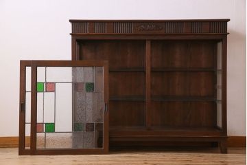 アンティーク家具　ラフジュ工房オリジナルステンドグラス　大正ロマン　栗材製　結霜ガラス!ステンドグラスと当時物の色ガラスが美しい和製アンティークのガラスケース(ショーケース)