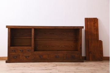 中古　民芸家具　楡材　総無垢　重厚な佇まいが趣ある六尺水屋箪笥サイドボード