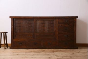 中古　民芸家具　楡材総無垢　重厚な佇まいが趣ある六尺水屋箪笥サイドボード(2)