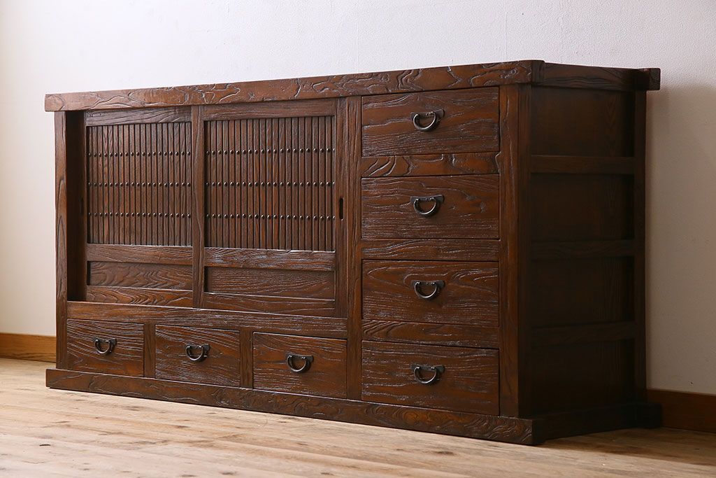 中古　民芸家具　楡材総無垢　重厚な佇まいが趣ある六尺水屋箪笥サイドボード(2)