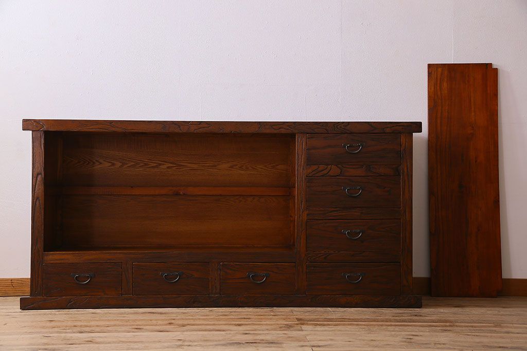 中古　民芸家具　楡材総無垢　重厚な佇まいが趣ある六尺水屋箪笥サイドボード(2)