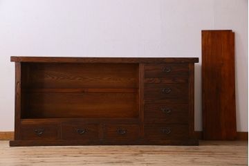 中古　民芸家具　楡材総無垢　重厚な佇まいが趣ある六尺水屋箪笥サイドボード(2)