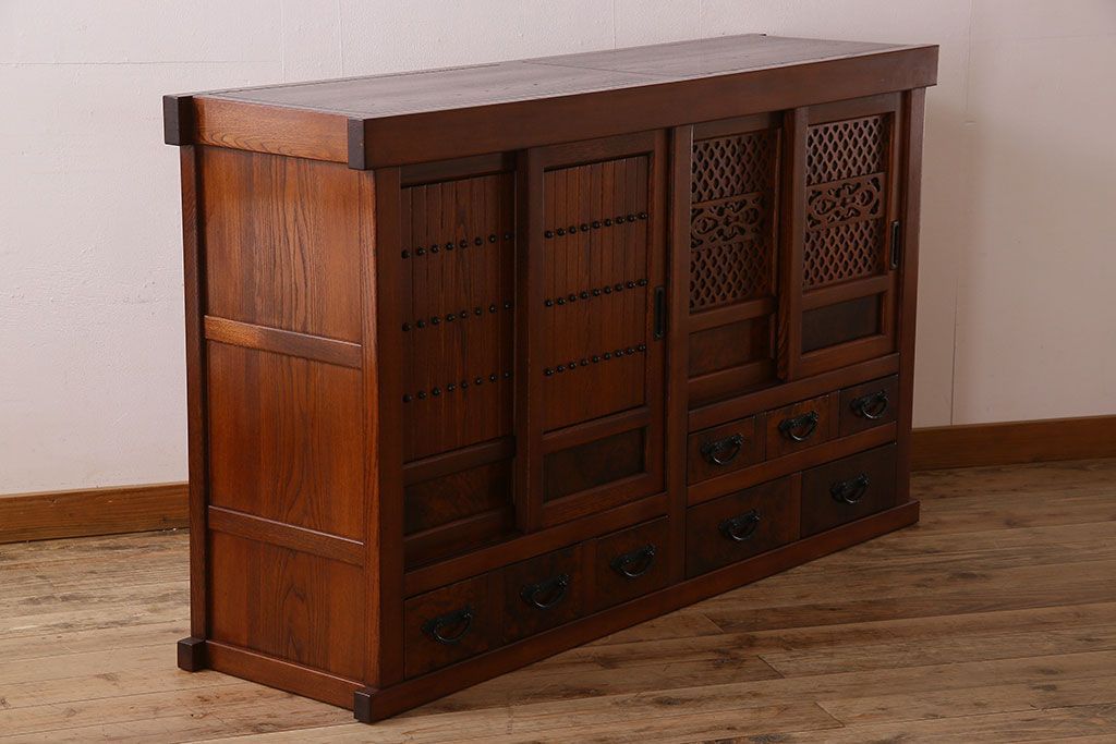 中古　民芸家具　楡材総無垢　重厚な佇まいが趣ある五尺水屋箪笥サイドボード(2)