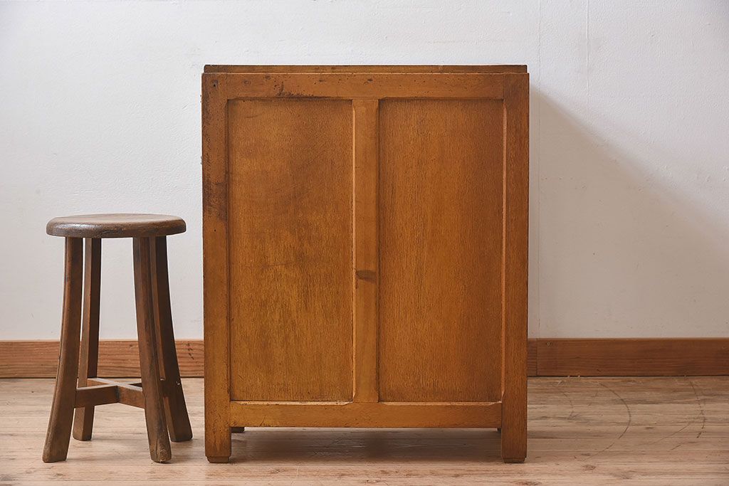 レトロ家具　和製アンティーク　モールガラス入り扉付き!古い木製のレトロな片袖机(学習机・デスク)