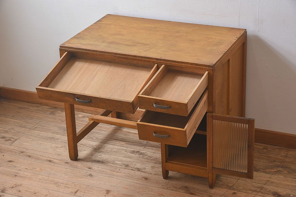 レトロ家具　和製アンティーク　モールガラス入り扉付き!古い木製のレトロな片袖机(学習机・デスク)