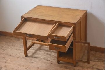 レトロ家具　和製アンティーク　モールガラス入り扉付き!古い木製のレトロな片袖机(学習机・デスク)