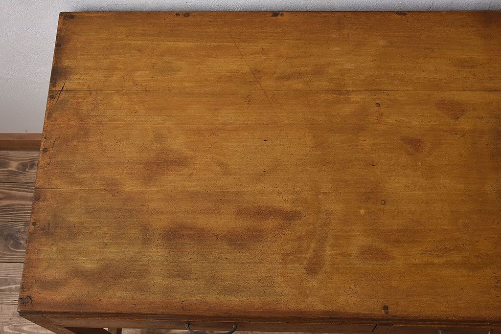 レトロ家具　和製アンティーク　モールガラス入り扉付き!古い木製のレトロな片袖机(学習机・デスク)