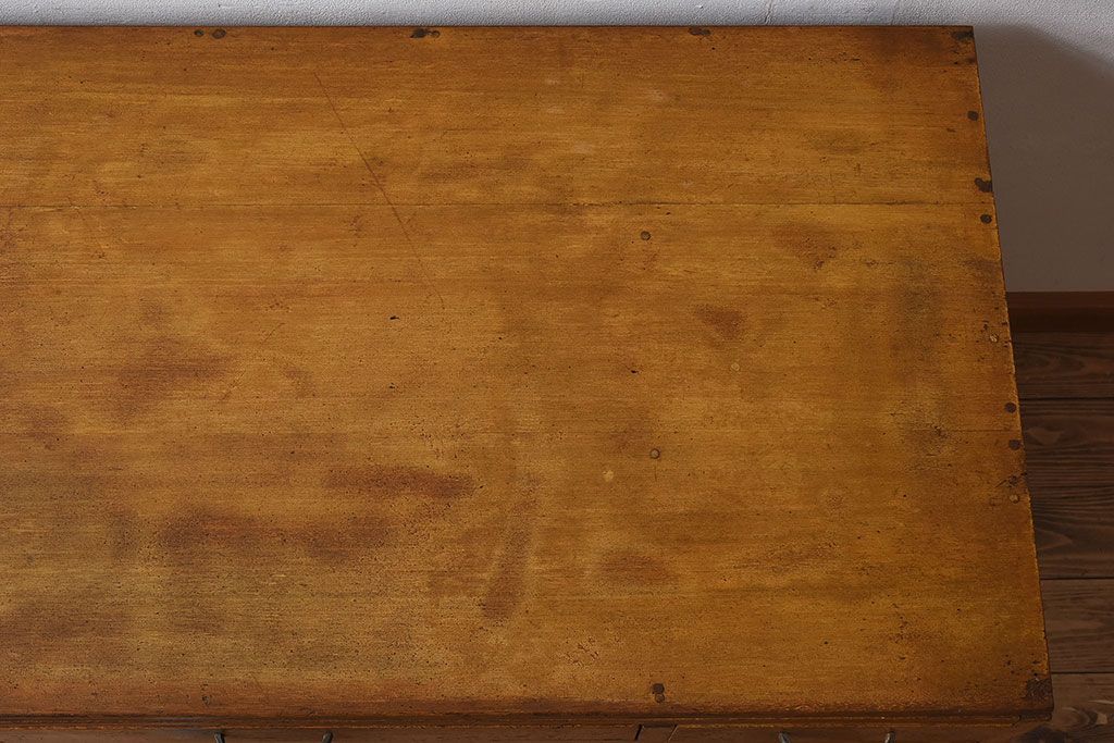 レトロ家具　和製アンティーク　モールガラス入り扉付き!古い木製のレトロな片袖机(学習机・デスク)