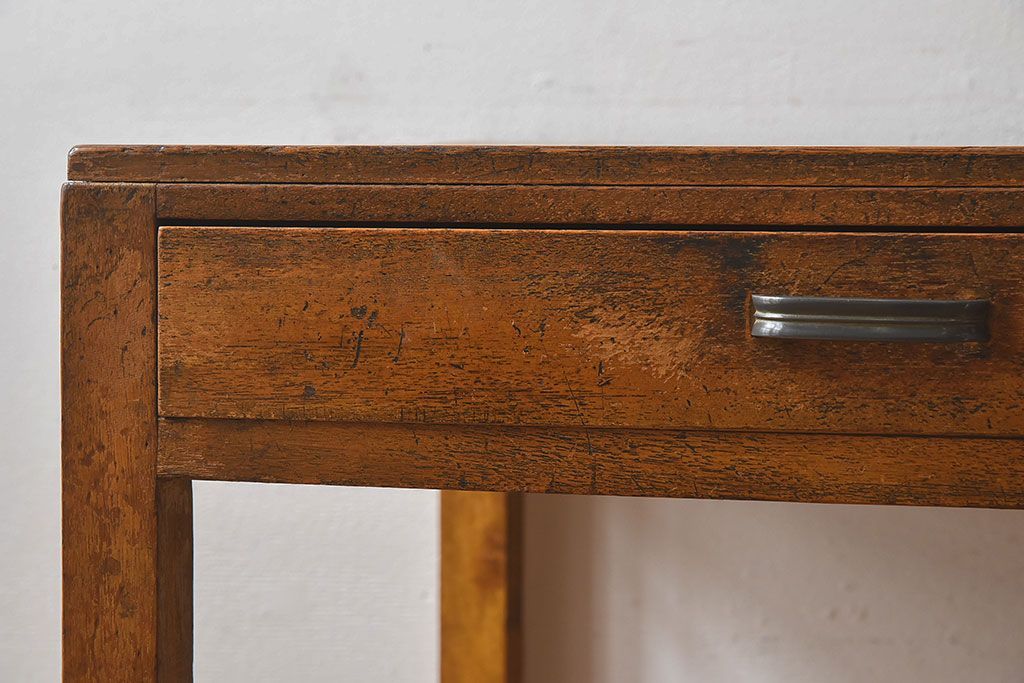 レトロ家具　和製アンティーク　モールガラス入り扉付き!古い木製のレトロな片袖机(学習机・デスク)