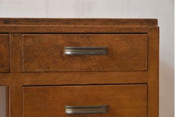 レトロ家具　和製アンティーク　モールガラス入り扉付き!古い木製のレトロな片袖机(学習机・デスク)