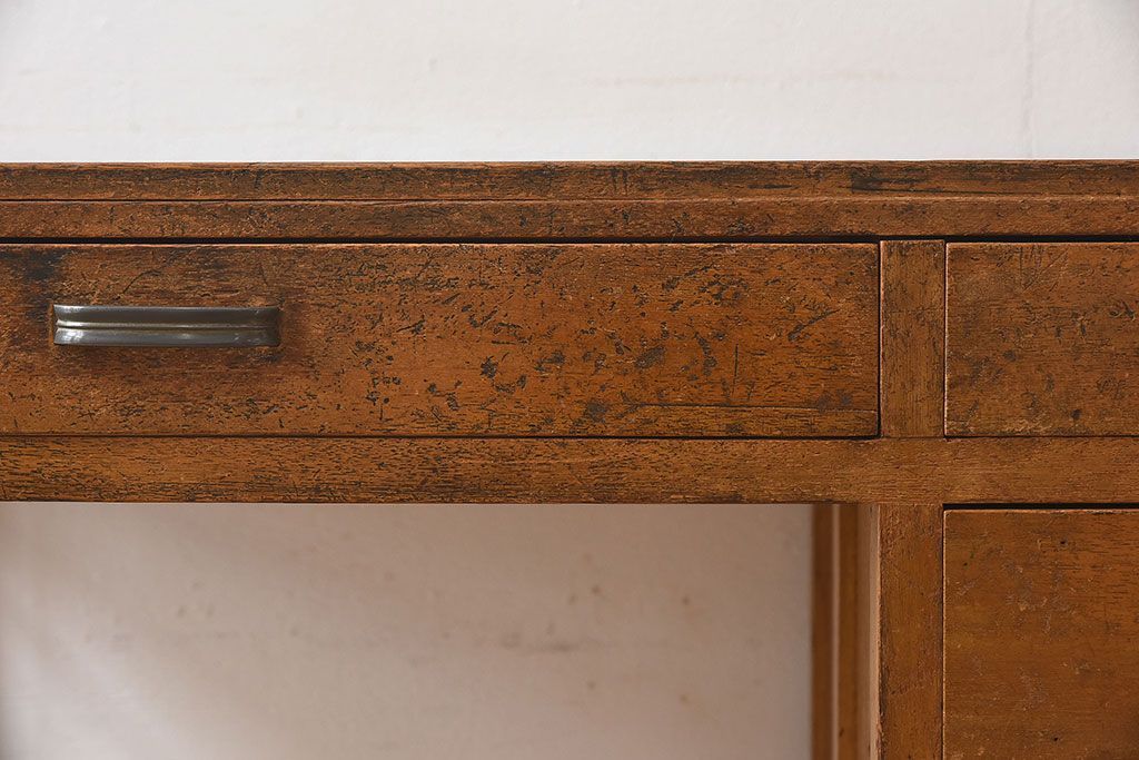 レトロ家具　和製アンティーク　モールガラス入り扉付き!古い木製のレトロな片袖机(学習机・デスク)