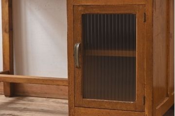 レトロ家具　和製アンティーク　モールガラス入り扉付き!古い木製のレトロな片袖机(学習机・デスク)
