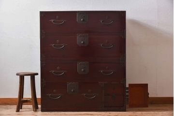 明治期　前面欅材製　極美品!漆が美しい衣装箪笥(二本松重ね箪笥)
