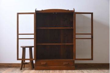 アンティーク家具　結霜ガラス入り　栓材　和製アンティークの本箱(本棚・収納棚・戸棚)