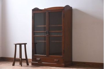 アンティーク家具　結霜ガラス入り　栓材　和製アンティークの本箱(本棚・収納棚・戸棚)