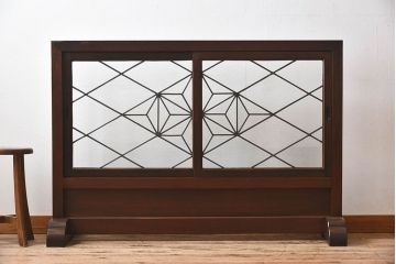 アンティーク雑貨　和製アンティーク　ケヤキ・ヒノキ材　ステンドガラス入りの衝立