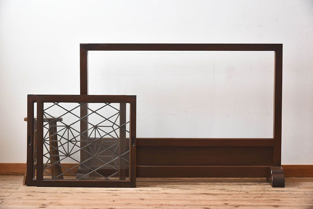 アンティーク雑貨　和製アンティーク　ケヤキ・ヒノキ材　ステンドガラス入りの衝立