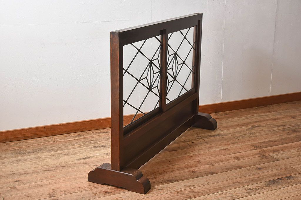 アンティーク雑貨　和製アンティーク　ケヤキ・ヒノキ材　ステンドガラス入りの衝立