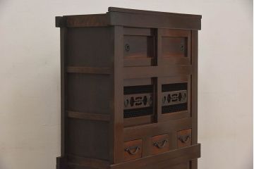 アンティーク家具　古民具・骨董　京都産　透かし彫り　上品な重ね三尺水屋箪笥(食器棚、収納棚)