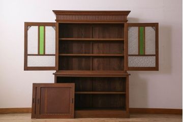 アンティーク家具　大正ロマン　高級品　色ガラス入り食器棚(収納棚、キャビネット)