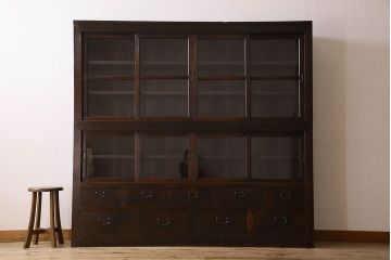 アンティーク家具　和製アンティーク　前面檜材　四枚引き戸の重ね戸棚(収納棚)