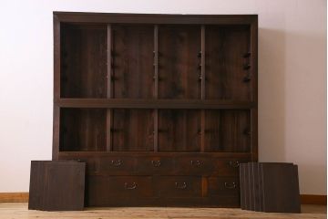 アンティーク家具　和製アンティーク　前面檜材　四枚引き戸の重ね戸棚(収納棚)