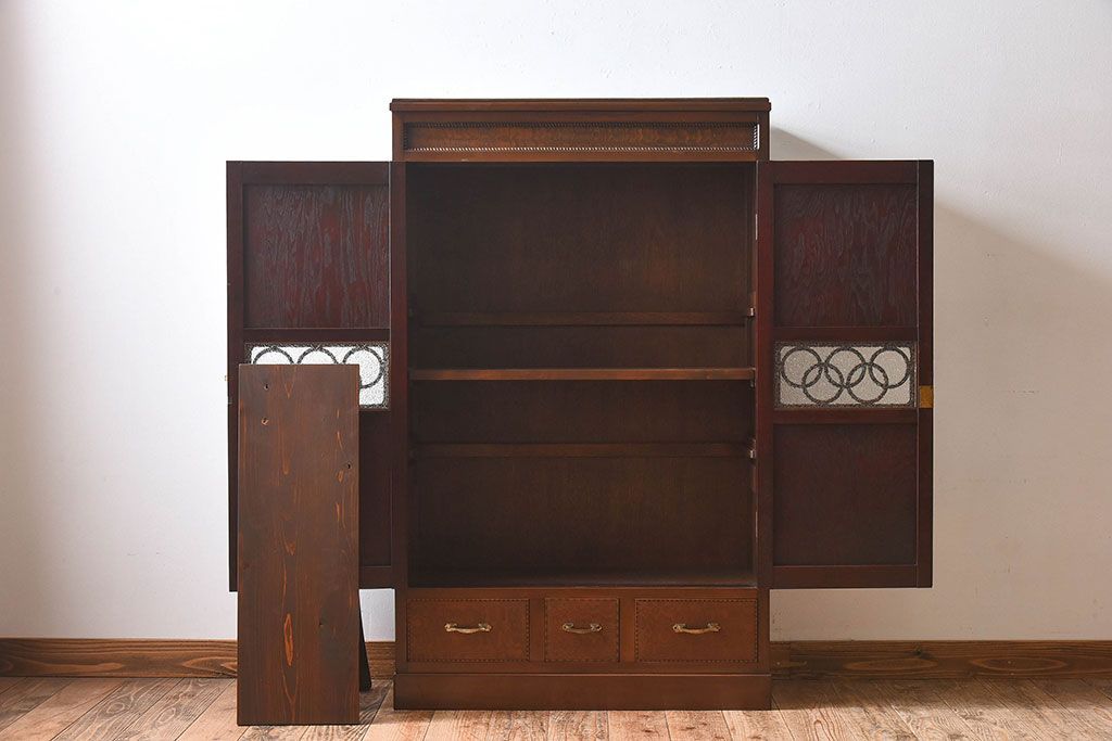 【S様ご成約済み】カバ・タモ材製　モダンなデザインが印象的なアンティーク本箱(ブックケース)