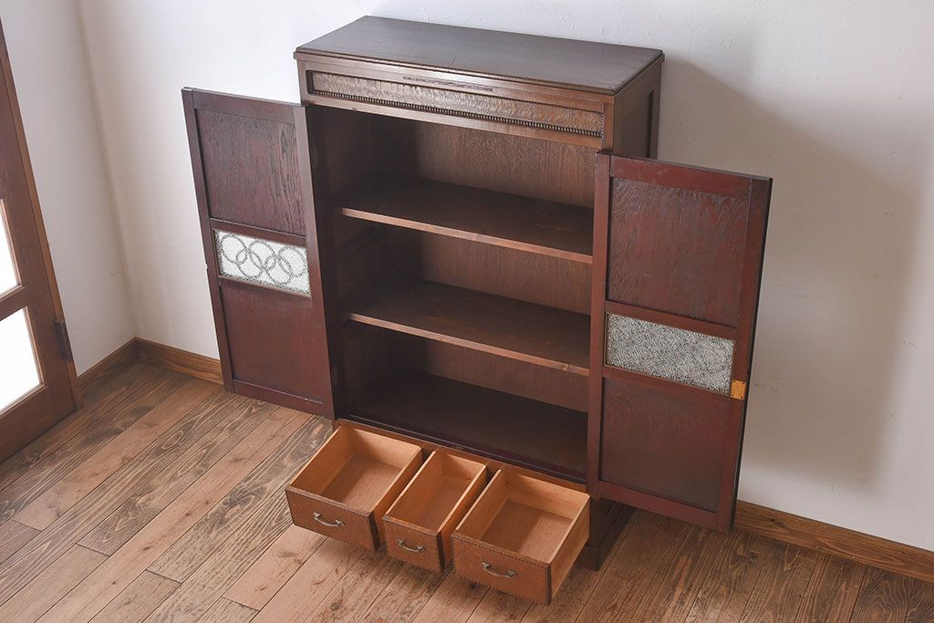 【S様ご成約済み】カバ・タモ材製　モダンなデザインが印象的なアンティーク本箱(ブックケース)