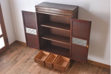 【S様ご成約済み】カバ・タモ材製　モダンなデザインが印象的なアンティーク本箱(ブックケース)