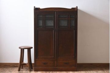アンティーク家具　大正ロマン　栓材製　ダイヤガラス入り本箱(ブックケース)