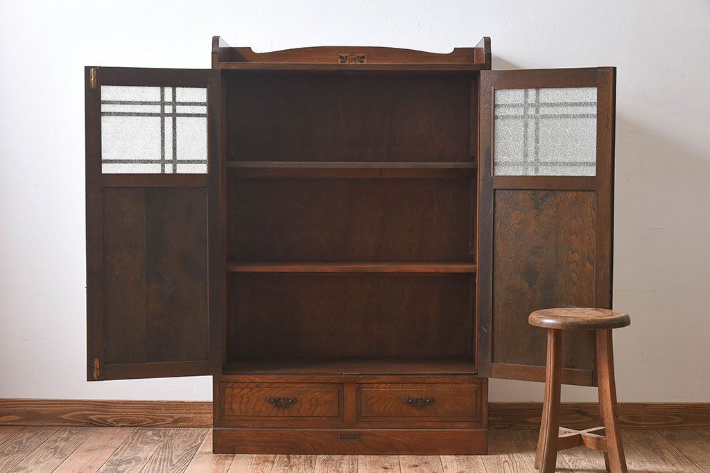 アンティーク家具　大正ロマン　栓材製　ダイヤガラス入り本箱(ブックケース)