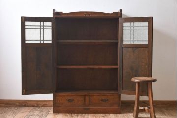 アンティーク家具　大正ロマン　栓材製　ダイヤガラス入り本箱(ブックケース)