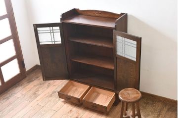 アンティーク家具　大正ロマン　栓材製　ダイヤガラス入り本箱(ブックケース)