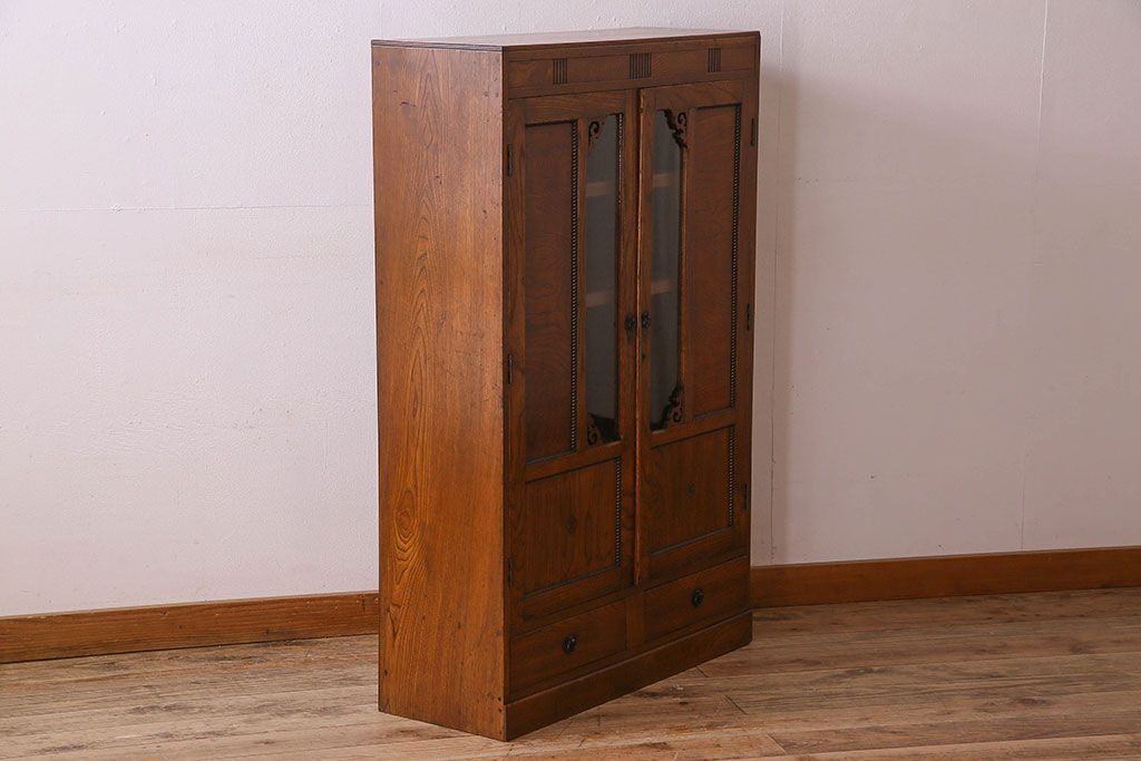 アンティーク家具　和製アンティーク　栓材製　扉のデザインがお洒落な本箱(ブックケース、収納棚、戸棚)