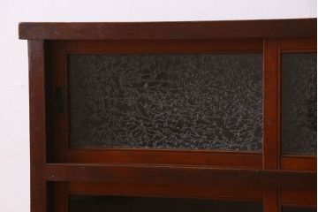 アンティーク家具　和製アンティーク　お洒落な結霜ガラス入りの収納棚(戸棚、食器棚)