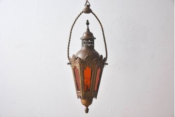 フランスアンティーク　金属製　色ガラス入りランタン