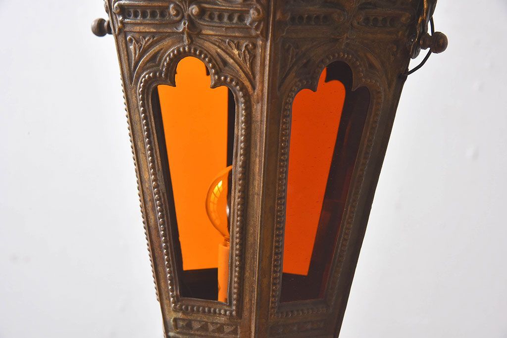 フランスアンティーク　金属製　色ガラス入りランタン