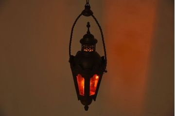 フランスアンティーク　金属製　色ガラス入りランタン